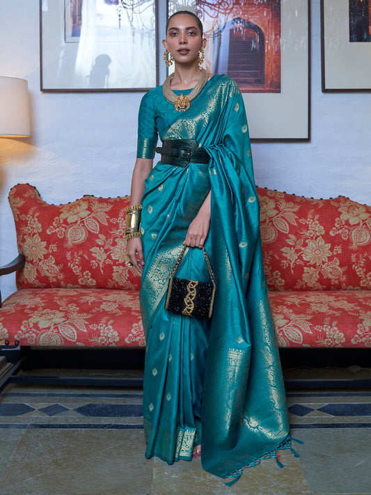 Teal Blue Banarasi Silk Zari Woven Saree