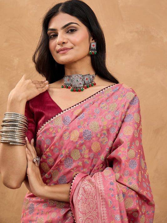 Blush Pink Silk Saree with Multicoloured Floral Jaal