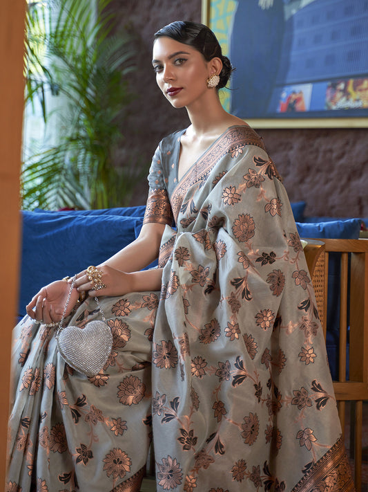 Grey Banarasi Silk Blend saree