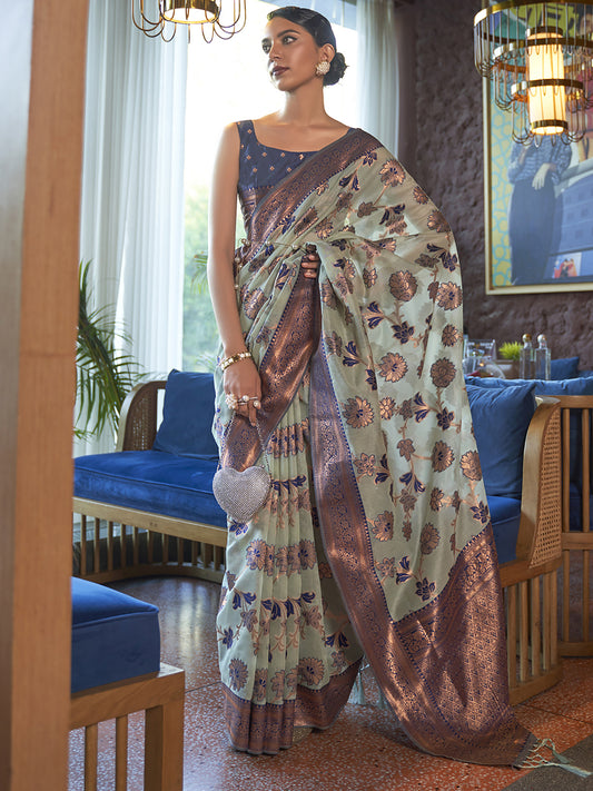 Greyish Blue Banarasi Style Silk Blend Zari Woven saree