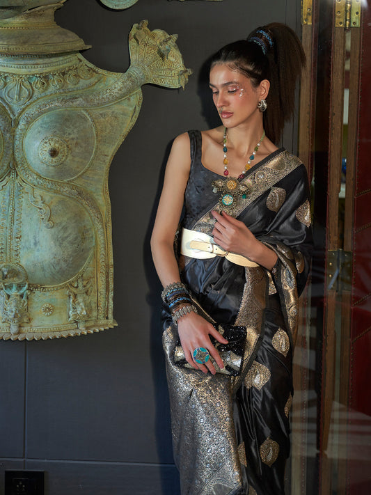 Black Banarasi Satin Silk Gold Silver Zari Woven Saree