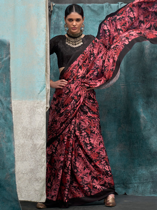 Black & Magenta Silk Blend Floral Digital Print Solid Border saree
