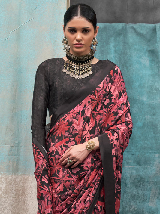 Black & Magenta Silk Blend Floral Digital Print Solid Border saree