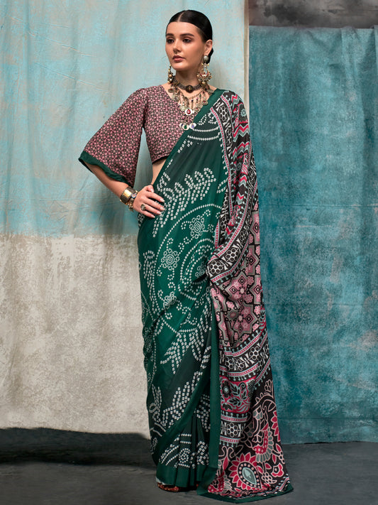 Dark Green & Multi-color Satin Silk Saree
