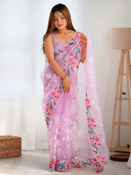 Blush Pink Organza Floral & Bird Embroidery Saree
