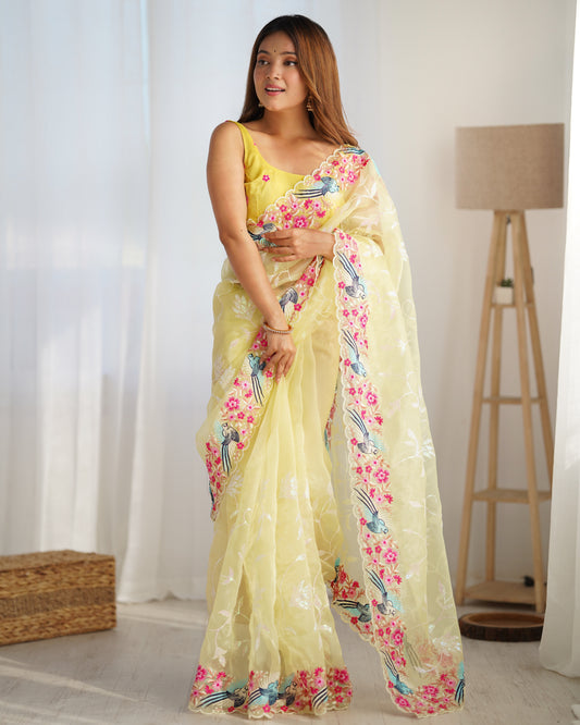 Lemon Yellow Bird & Floral Embroidered Organza Saree