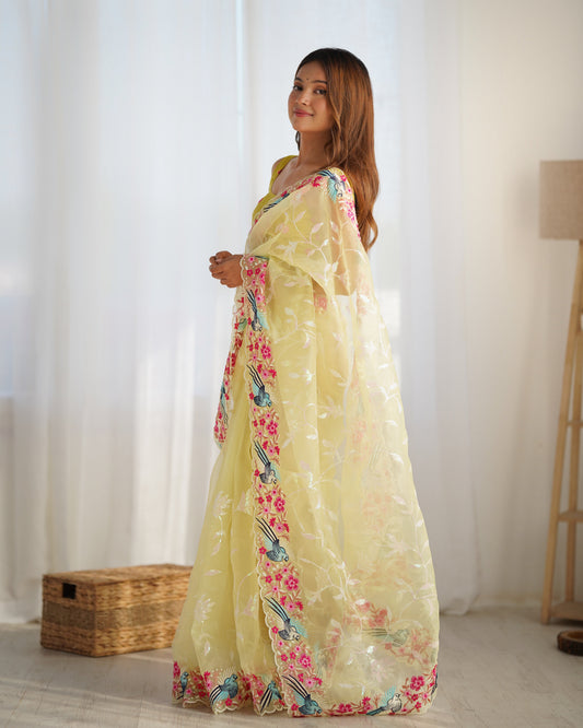Lemon Yellow Bird & Floral Embroidered Organza Saree