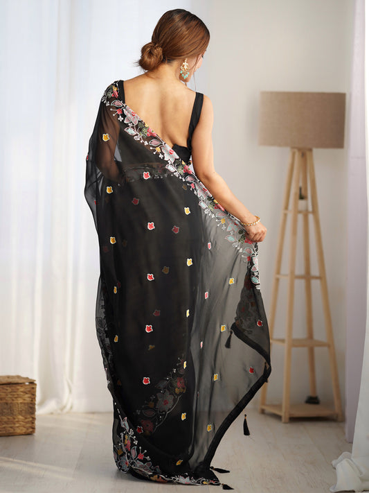 Black Georgette Hand Embroidery Saree