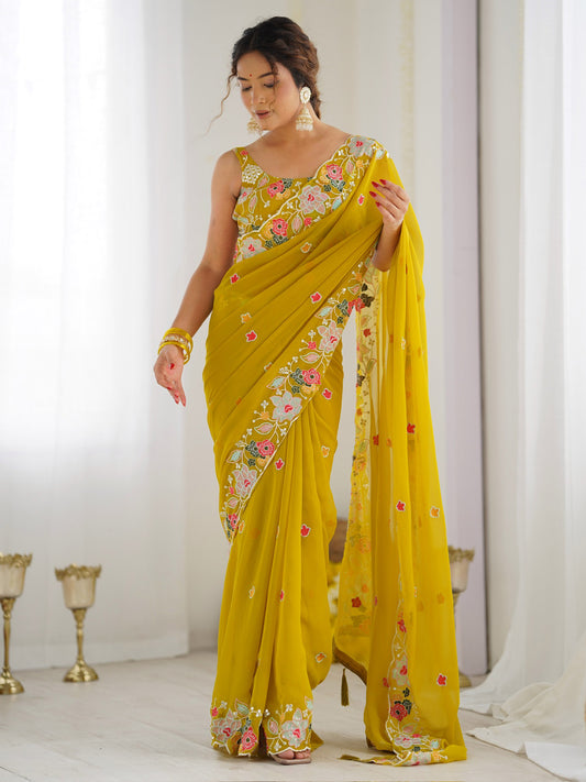 Mustard Yellow Georgette Saree