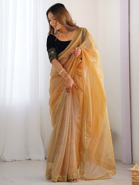 Gold Supernet Saree with Embroidered Blouse