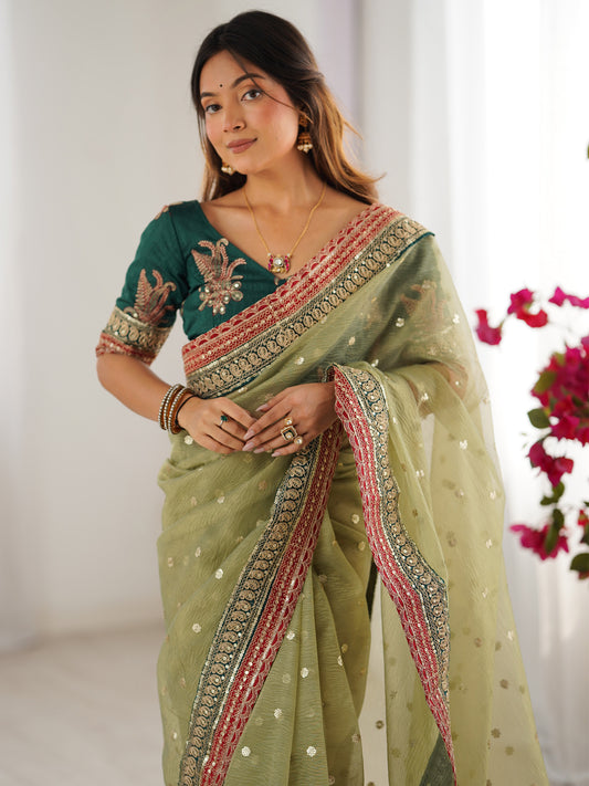 Pistachio Green Sequin Work Embroidery Saree