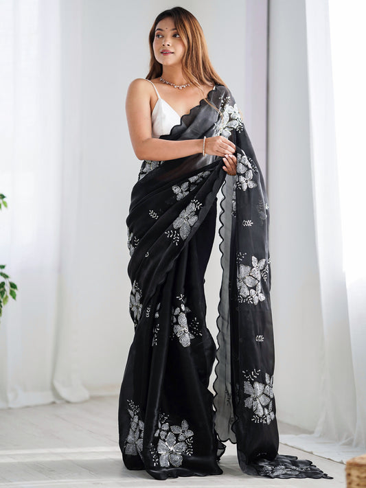 Navy Blue & Black Organza Sequin Embroidered Saree