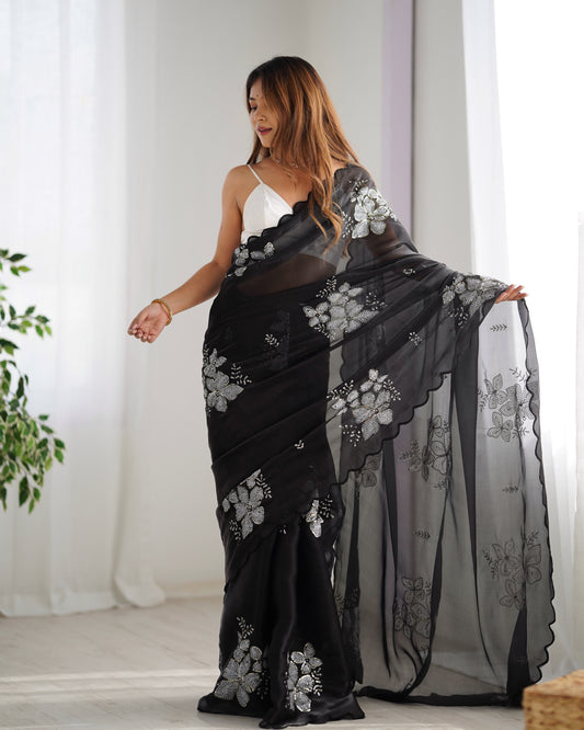 Navy Blue & Black Organza Sequin Embroidered Saree