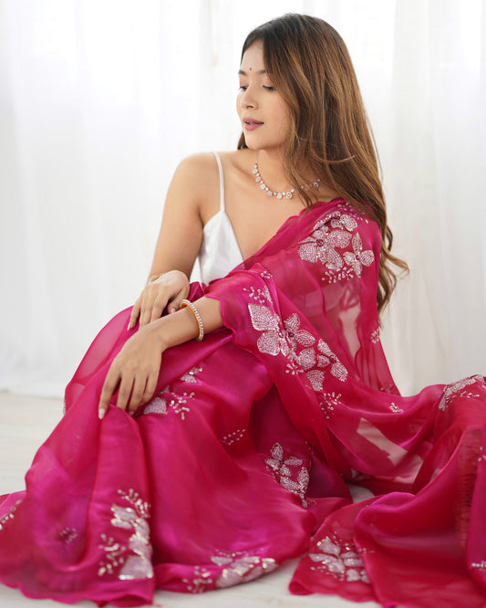 Pink Organza Embroidered Saree