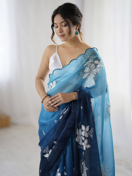 Ombre Blue Organza Embroidered Saree with Blouse Piece