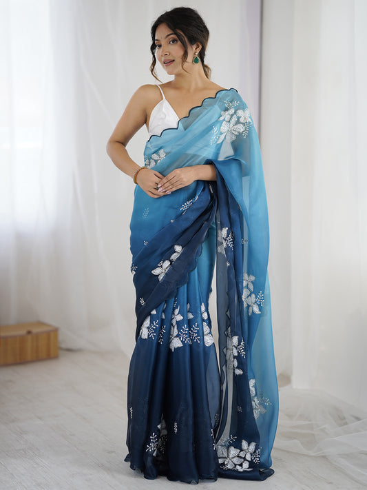 Ombre Blue Organza Embroidered Saree with Blouse Piece