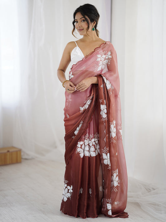 Organza Embroidered Saree | Mauve Wine Ombre | Floral Sequin Work