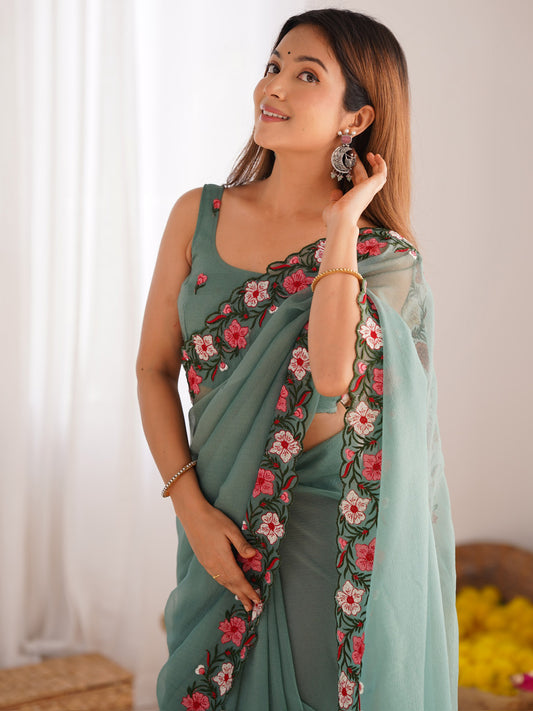 Teal Paper Silk Saree with Floral Embroidery Border