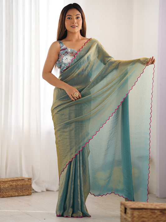Sea Green Tissue Silk  Scalloped Border Designer Blouse Saree