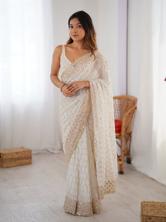 Kesari KR11 – Ivory Georgette Sequin Saree with Blouse Piece