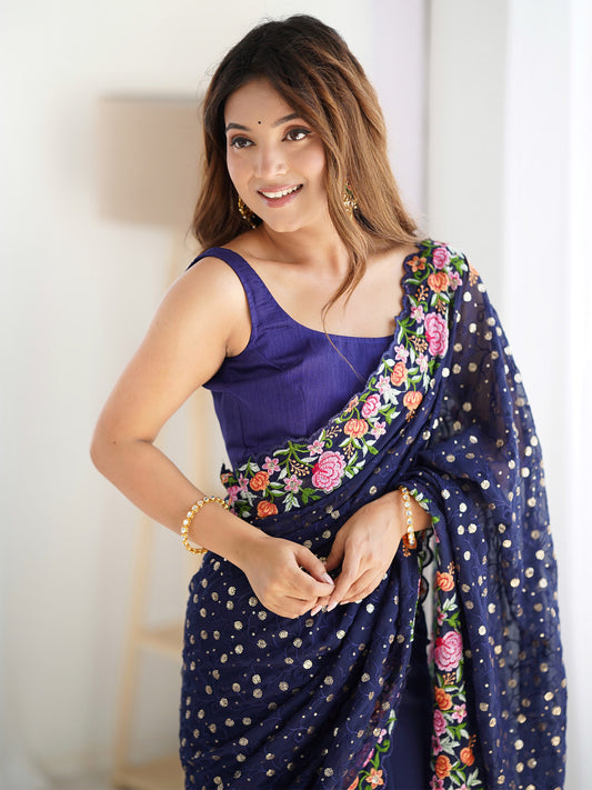 Navy Blue Floral Embroidered Saree