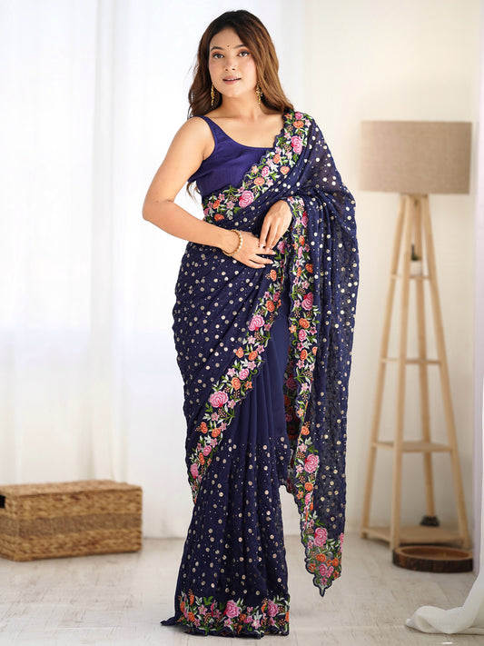 Navy Blue Floral Embroidered Saree