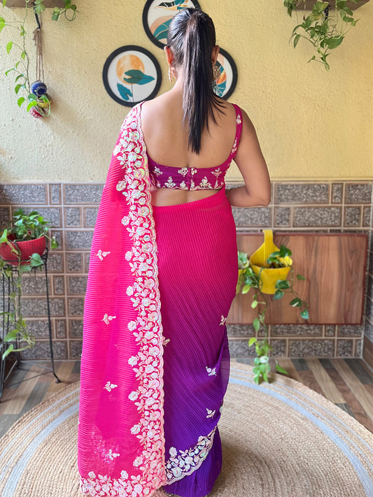 Hot Pink to Deep Royal Purple Ombré Gradient Pleated Chiffon Saree
