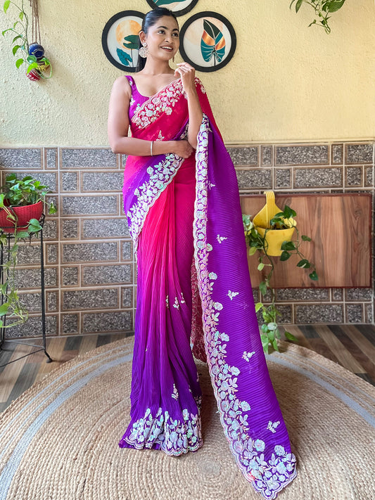 Hot Pink to Deep Royal Purple Ombré Gradient Pleated Chiffon Saree