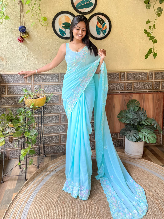 Sky Blue Party Wear Emblished Saree