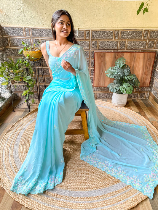 Sky Blue Party Wear Emblished Saree