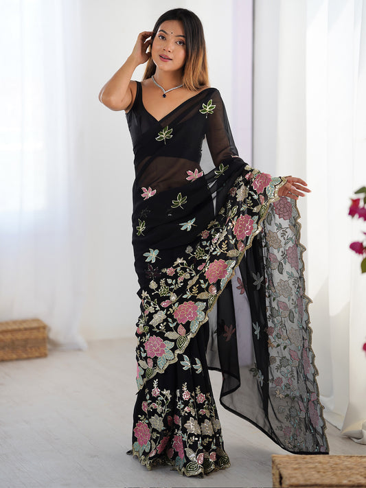 Black Georgette Sequin Embroidered Saree