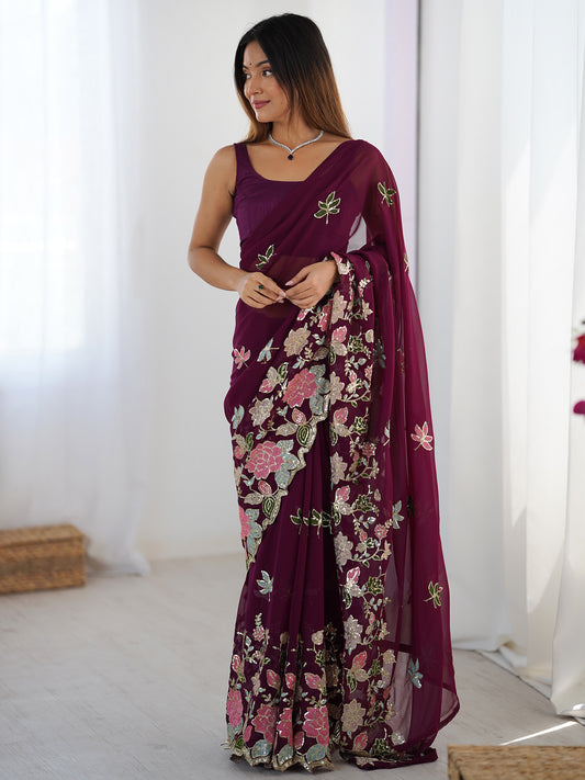 Wine Georgette Embroidered Saree with Floral Sequin Work