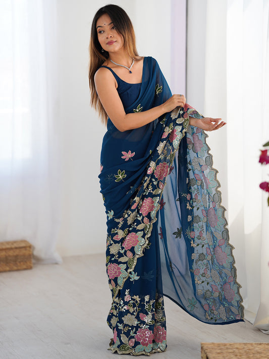 Teal Blue Georgette Embroidered Saree with Blouse