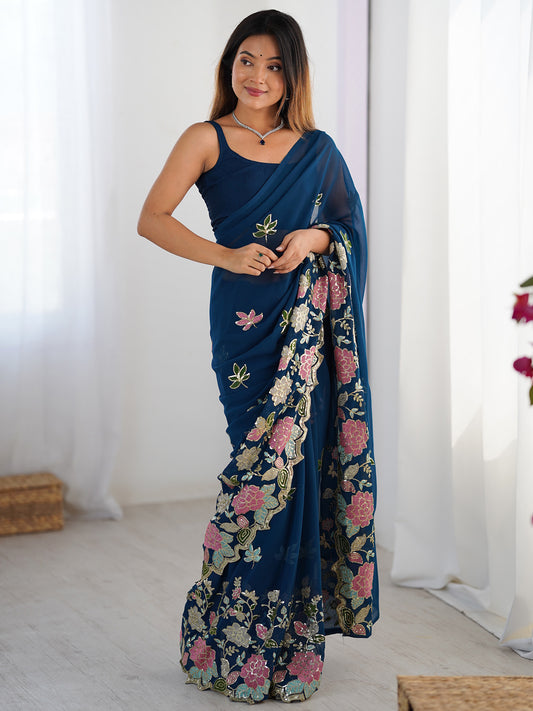 Teal Blue Georgette Embroidered Saree with Blouse