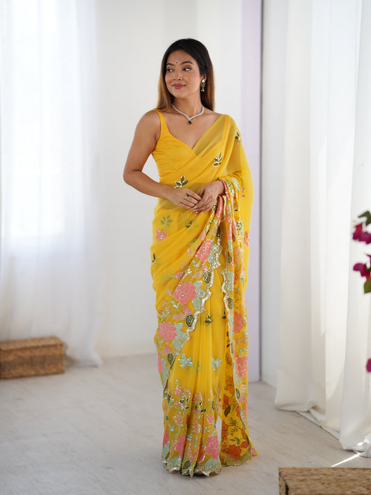 Kesari Yellow Georgette Embroidered Saree with Blouse Piece