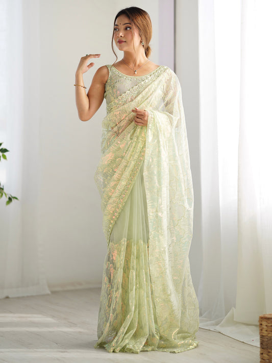 Pista Green Sequin Embroidery Polyester Saree with Scalloped Border