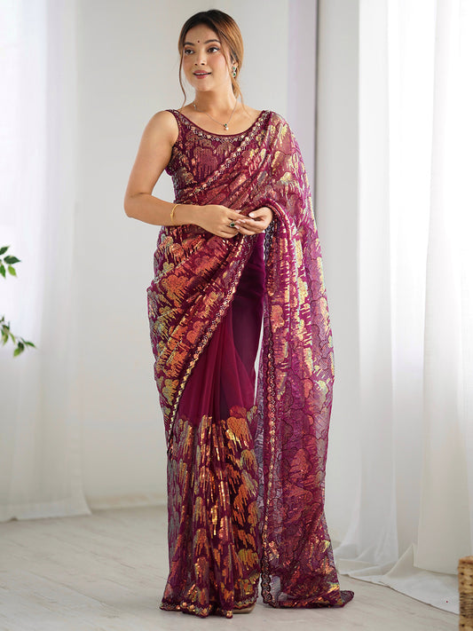Wine Net Heavy Sequin Work Abstract Pattern Saree