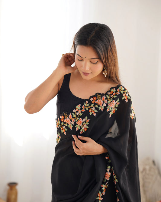 Black Floral Embroidered Saree
