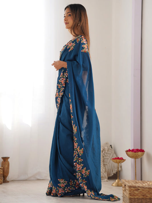 Tea blue Silk blended Hand Embroidery saree