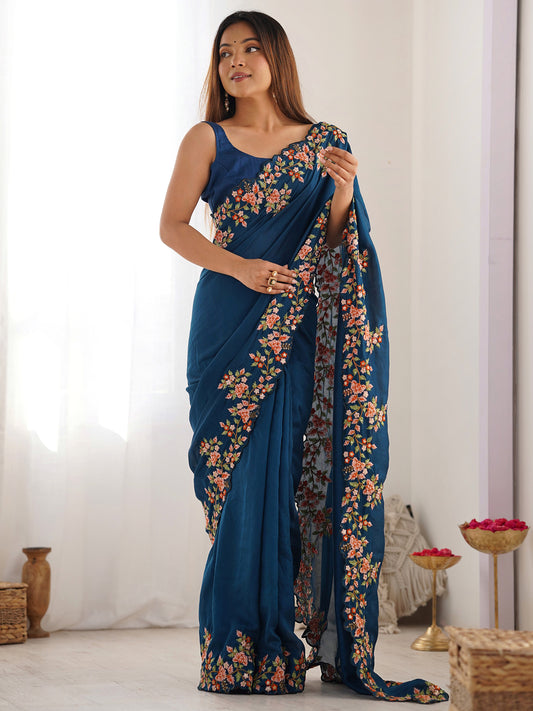 Tea blue Silk blended Hand Embroidery saree
