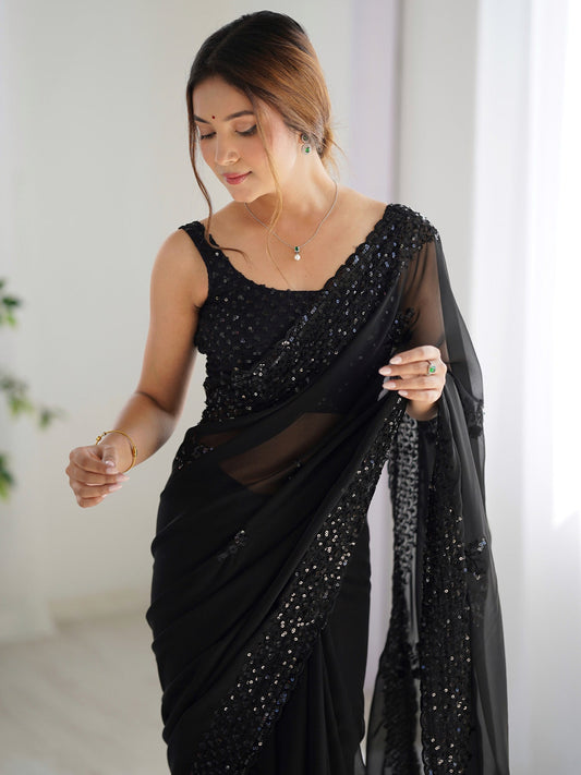 Black Georgette Sequin Saree with Blouse