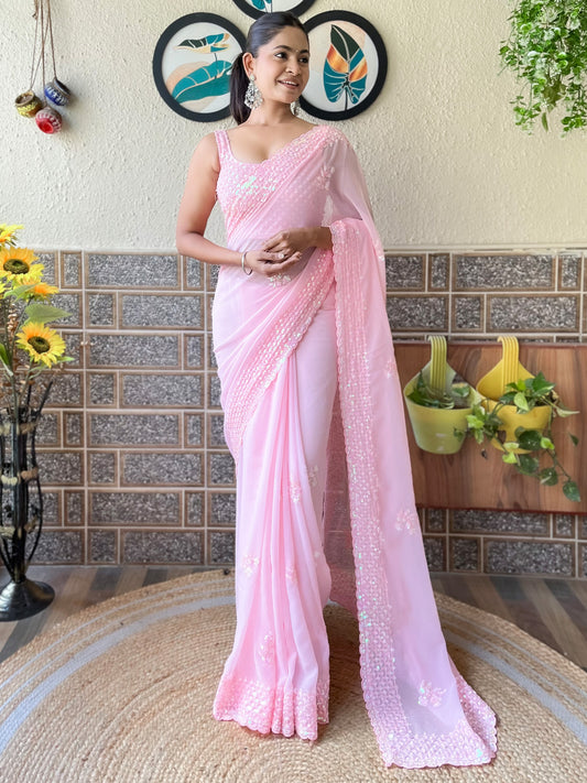 Pink Polyester Embroidery Sequin Work Saree