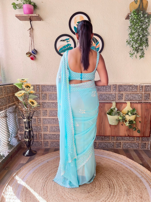 Sky Blue Georgette Sequin Embroidered Saree with Blouse