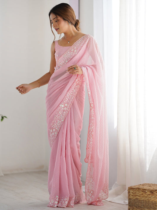 Pink Georgette Sequin Embroidered Saree