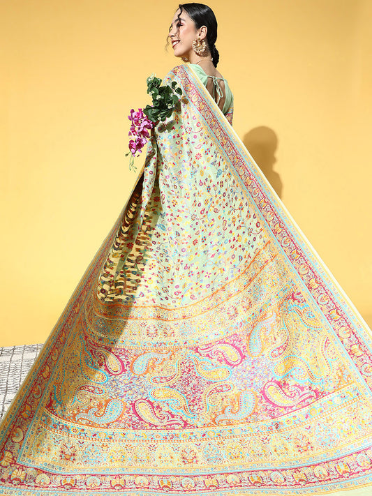 Pastel Green Silk Blend Woven Banarasi Multi-Color Floral Blouse Saree
