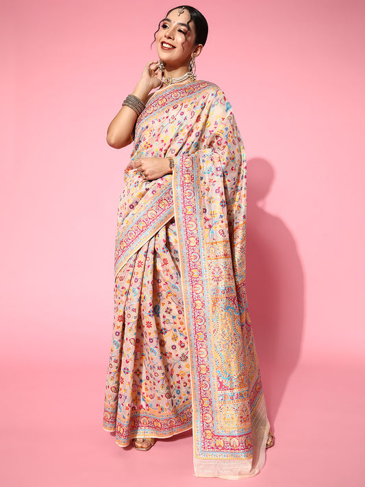 Cream Cotton Silk Blend Floral Jaal Saree