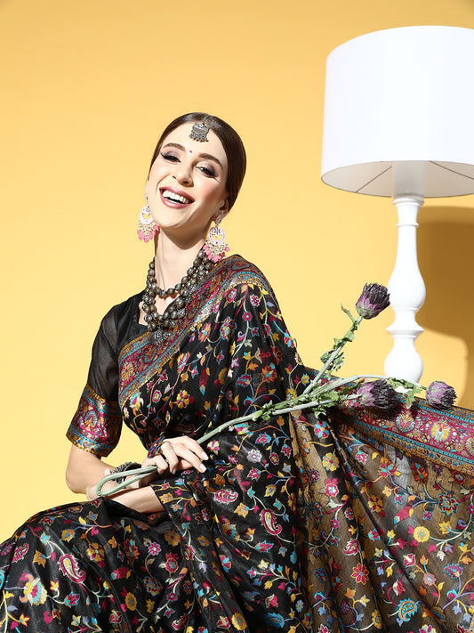 Black Banarasi Silk Kashmiri Pashmina Style Weaving Designer Blouse Saree