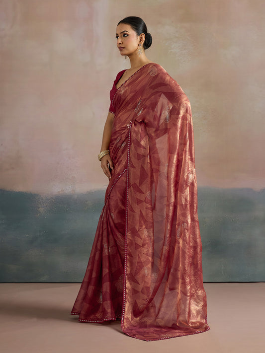 Wine Red Chiffon Silk Blend Saree