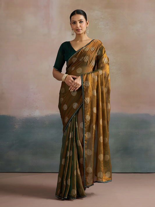Mustard Gold  Olive Green  Shimmer Georgette  Foil Print Blouse Saree