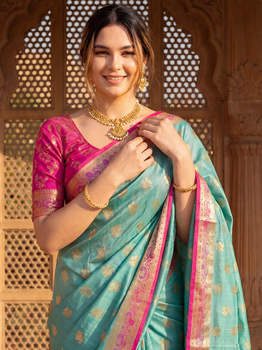 Sea Green & Magenta Pink Banarasi Silk Blend  Saree
